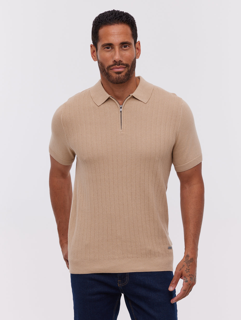 Brescia Beige Polos SS Knit Zip Chevron Shot 1