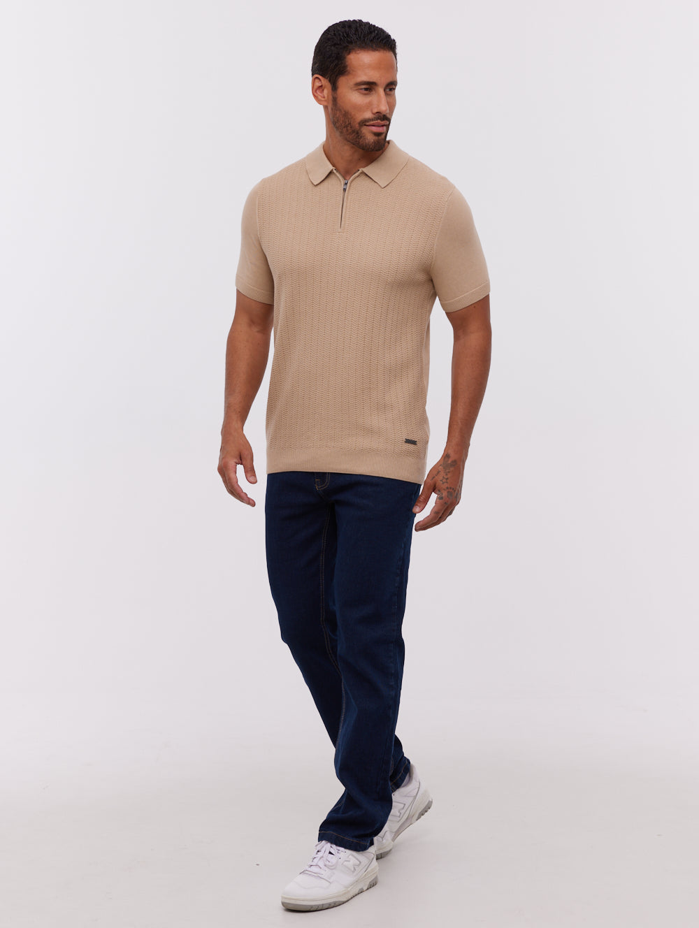 Brescia Beige Polos SS Knit Zip Chevron Shot 1