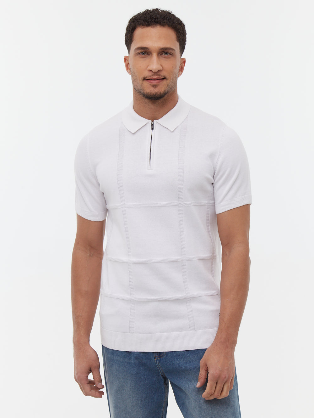 Navaro White Polos SS Knit Zip Links Stitch Shot 1