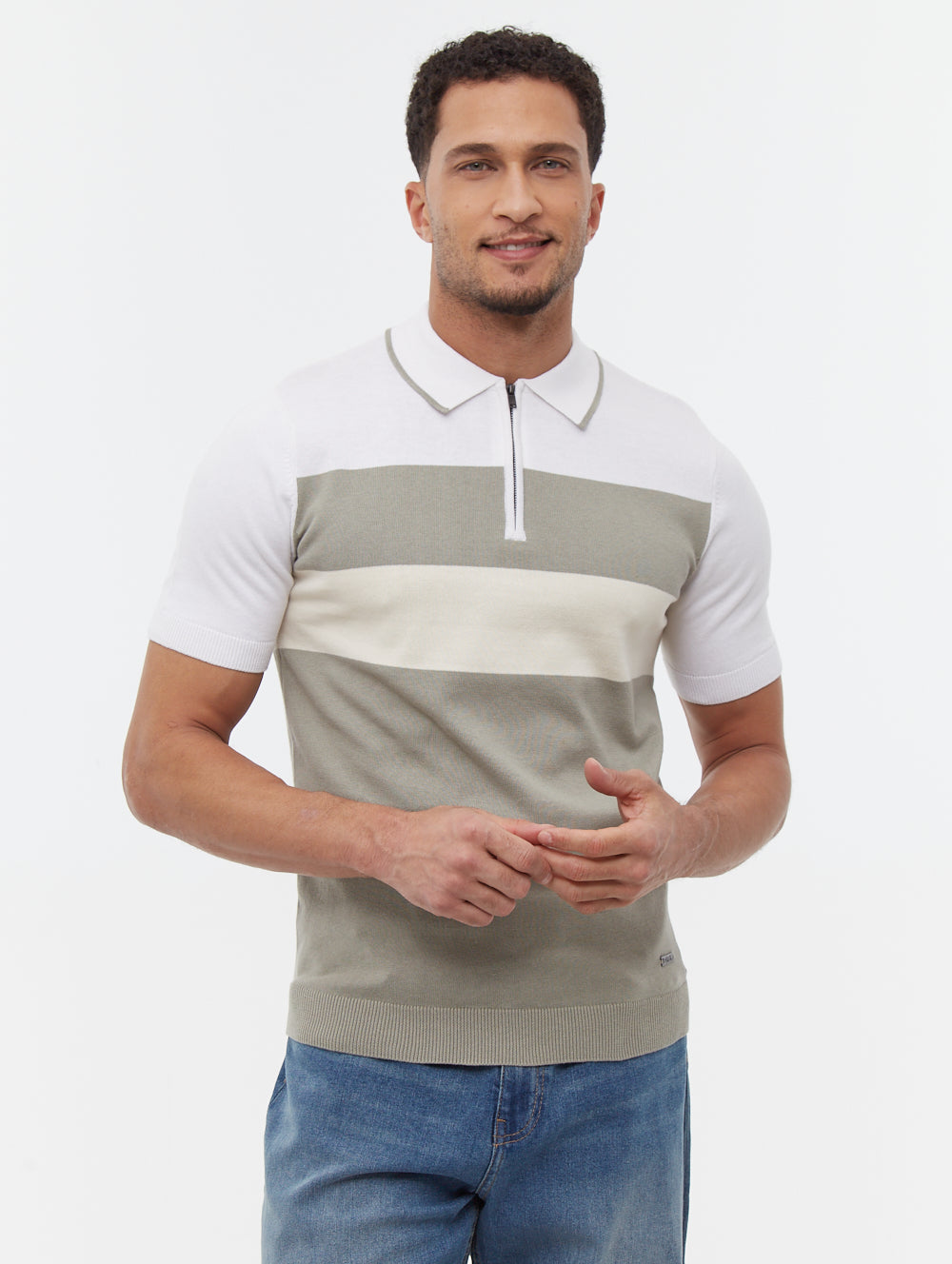 Aspinn Green Polos SS Knit Zip Colour Block Shot 1