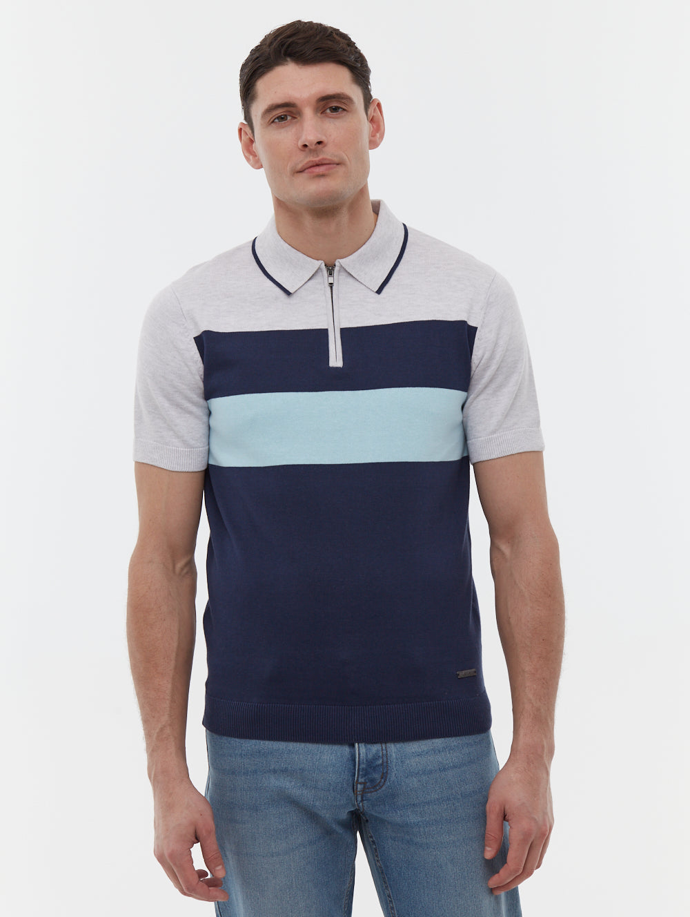 Aspinn Blue Polos SS Knit Zip Colour Block Shot 1