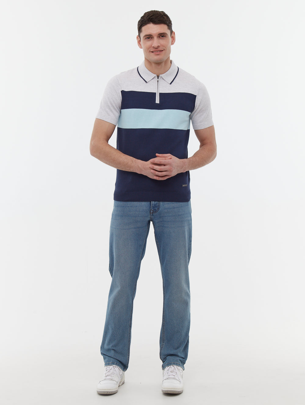 Aspinn Blue Polos SS Knit Zip Colour Block Shot 1