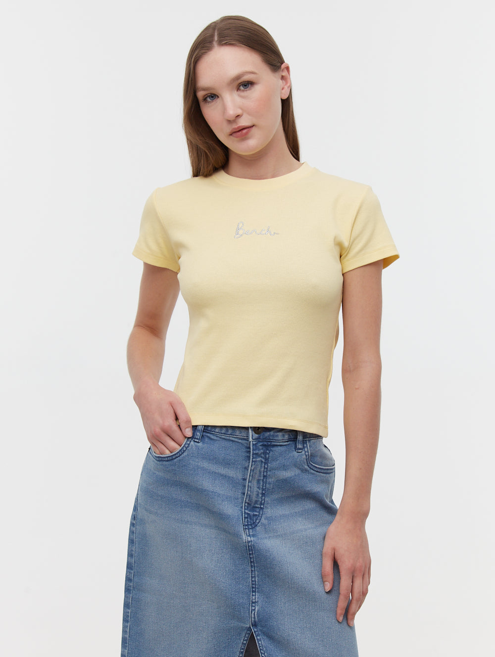 Tarryn Yellow Tees SS Ribbed Embroidery Shot 1
