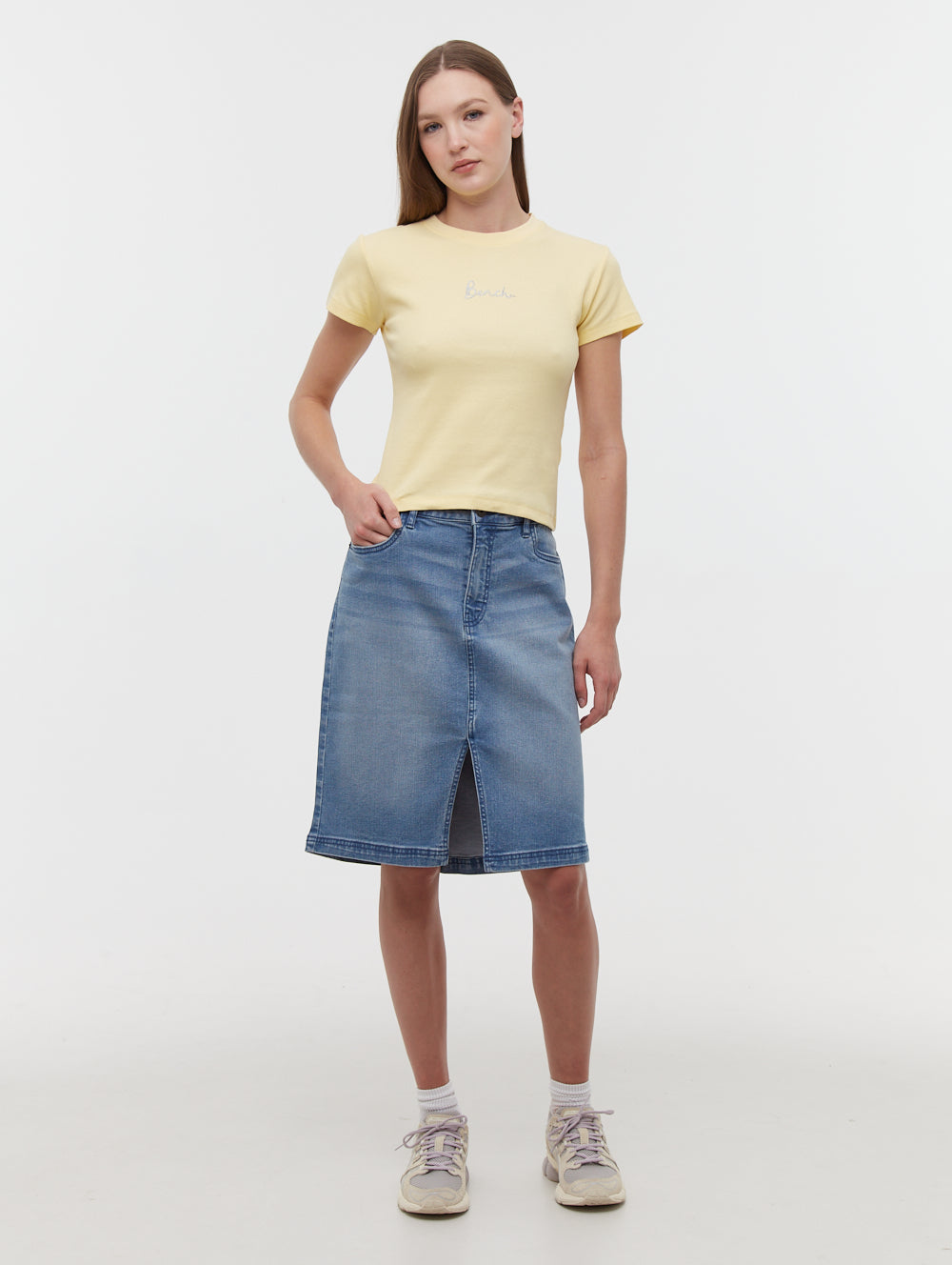 Tarryn Yellow Tees SS Ribbed Embroidery Shot 1
