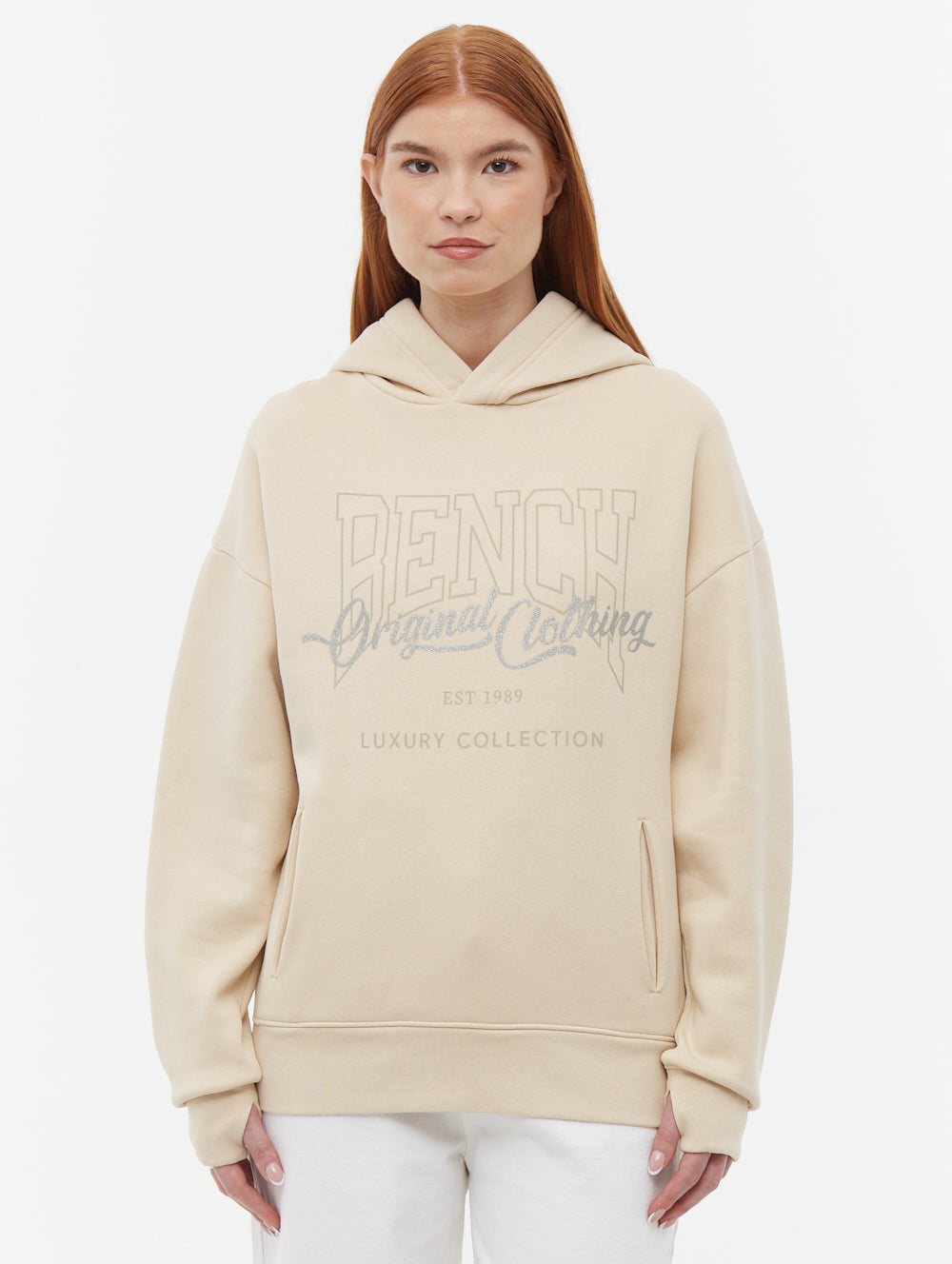 Theda Beige Hoodies Oversized Graphic Logo Shot 1