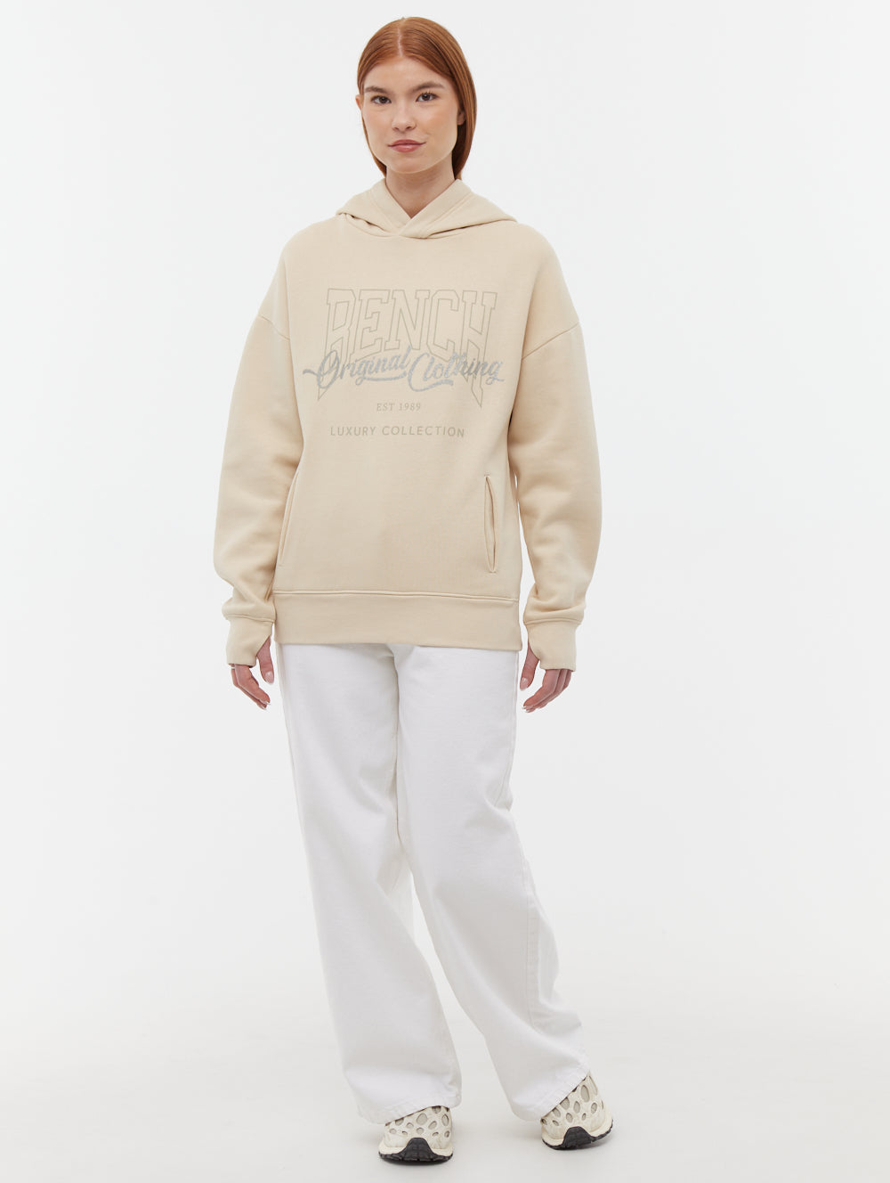 Theda Beige Hoodies Oversized Graphic Logo Shot 1