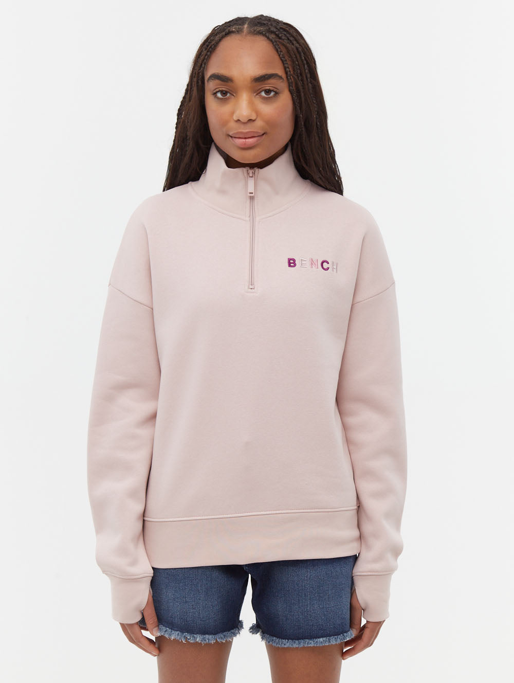 Huntley Pink Zips 1/4 Embroidery Shot 1