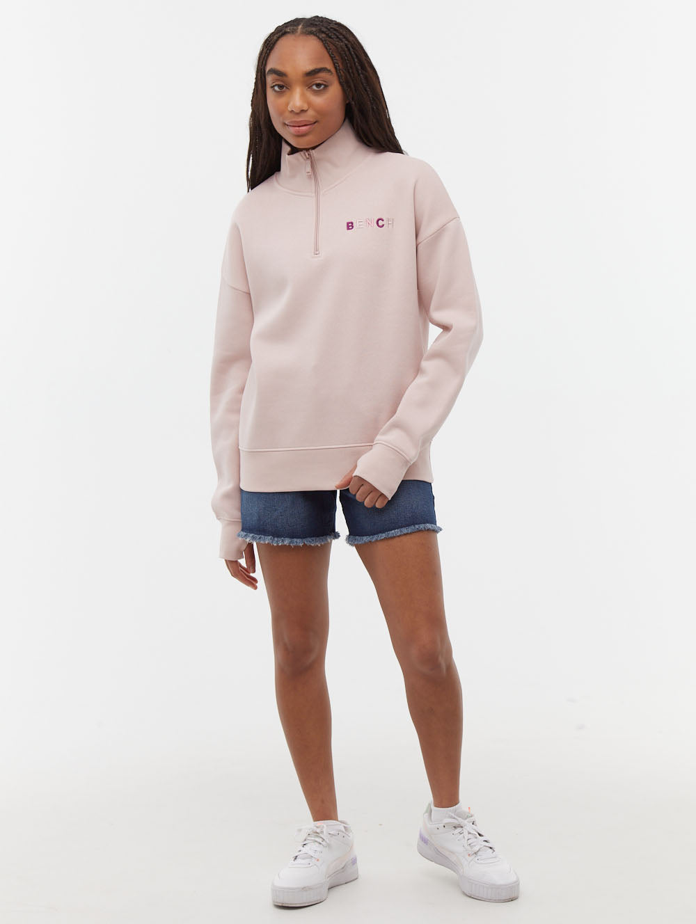 Huntley Pink Zips 1/4 Embroidery Shot 1