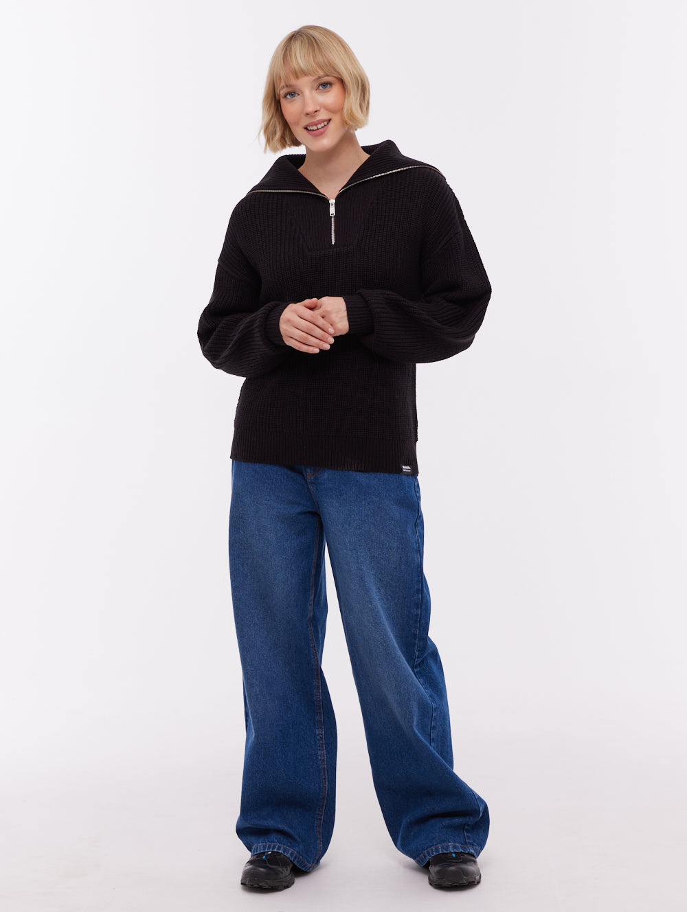 Audreena Black BK001 Knit 1/4 Zips Oversized Collar Shot 2