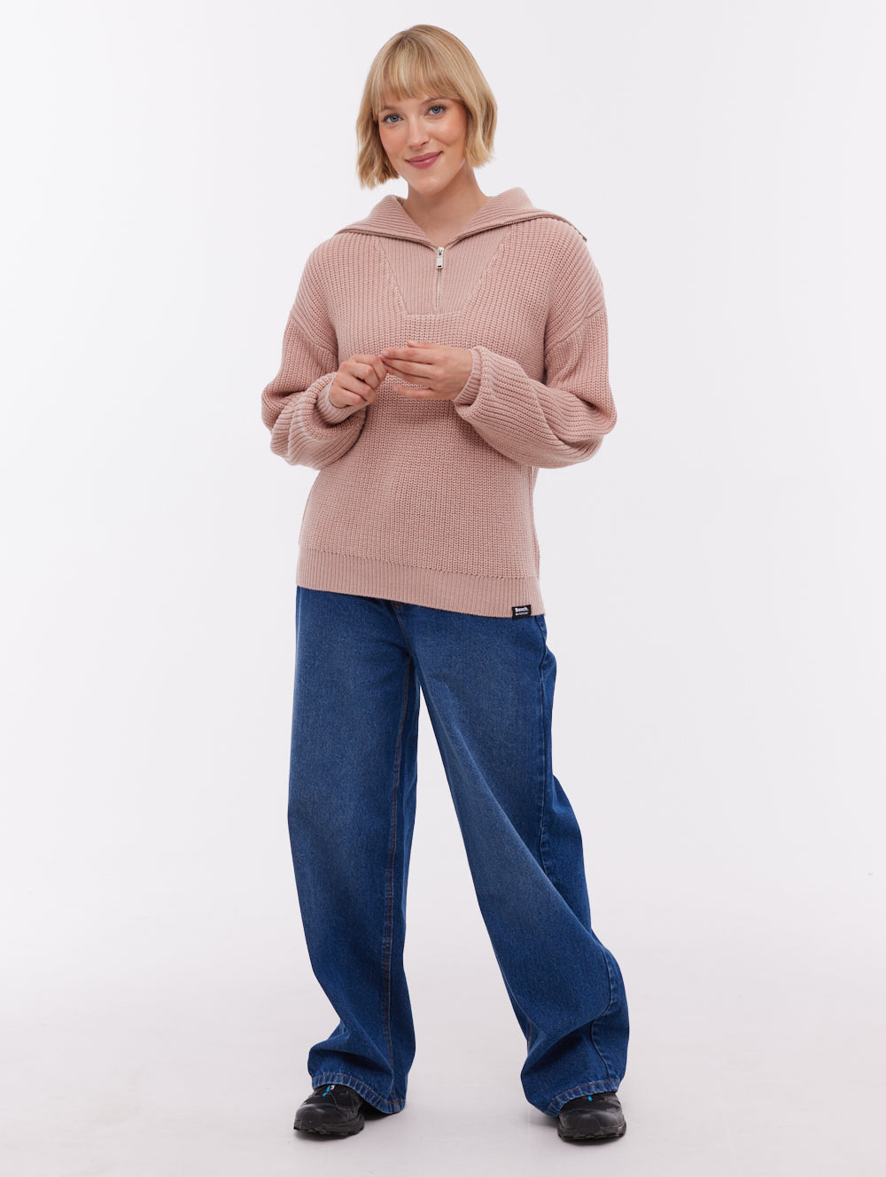Audreena Pink PK021 Knit 1/4 Zips Oversized Collar Shot 1