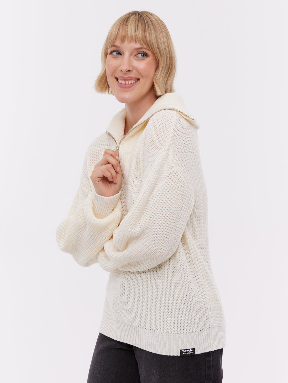 Audreena White WH007 Knit 1/4 Zips Oversized Collar Shot 1